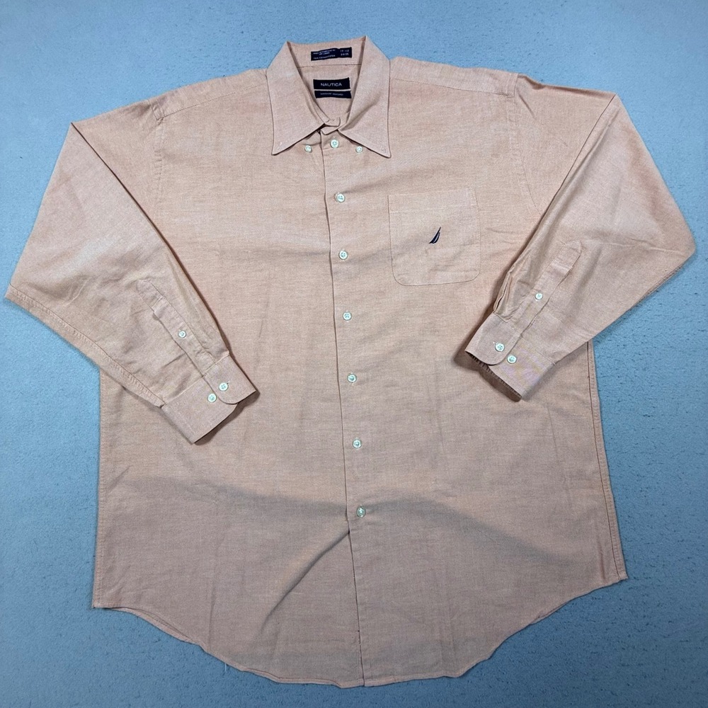 Nautica Mens Peach Orange Long Sleeve Button Down Oxford Shirt Size 17 1/2 34/35